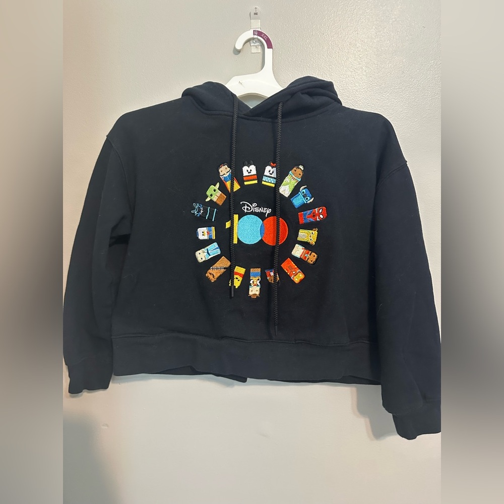 Disney 100 Friend Cropped Hoodie Womens Black Pullover